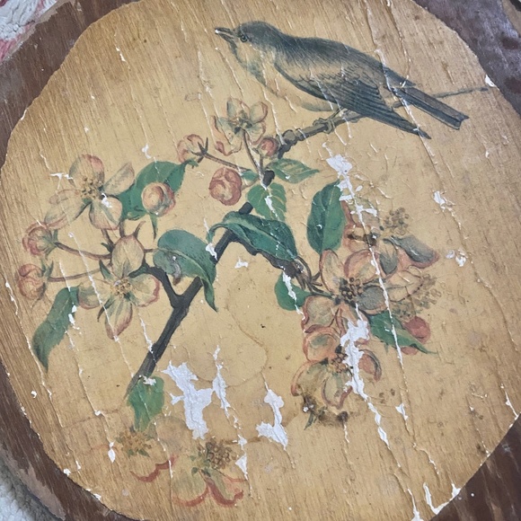 VTG I Long Handle Round Wood Hand Mirror Bird Dogwood Flowers - Picture 9 of 16